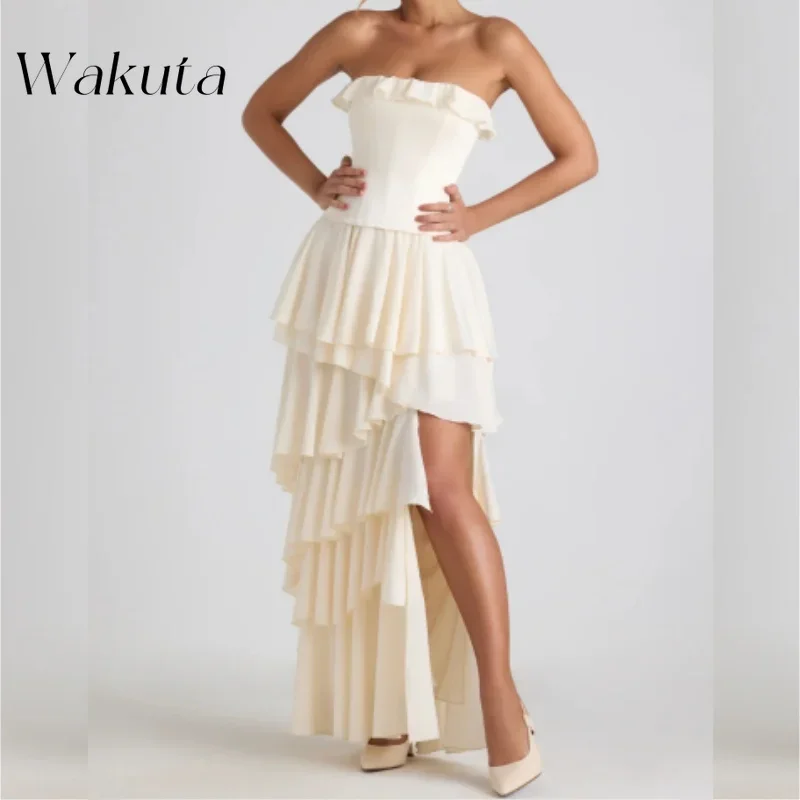 Wakuta Franse Liefje Off Shoulder Chiffon Gewaad Klassieke Taille Vouwen Effen Gelaagde Jurken Jeugd Fishbone Vestidos De Graduación