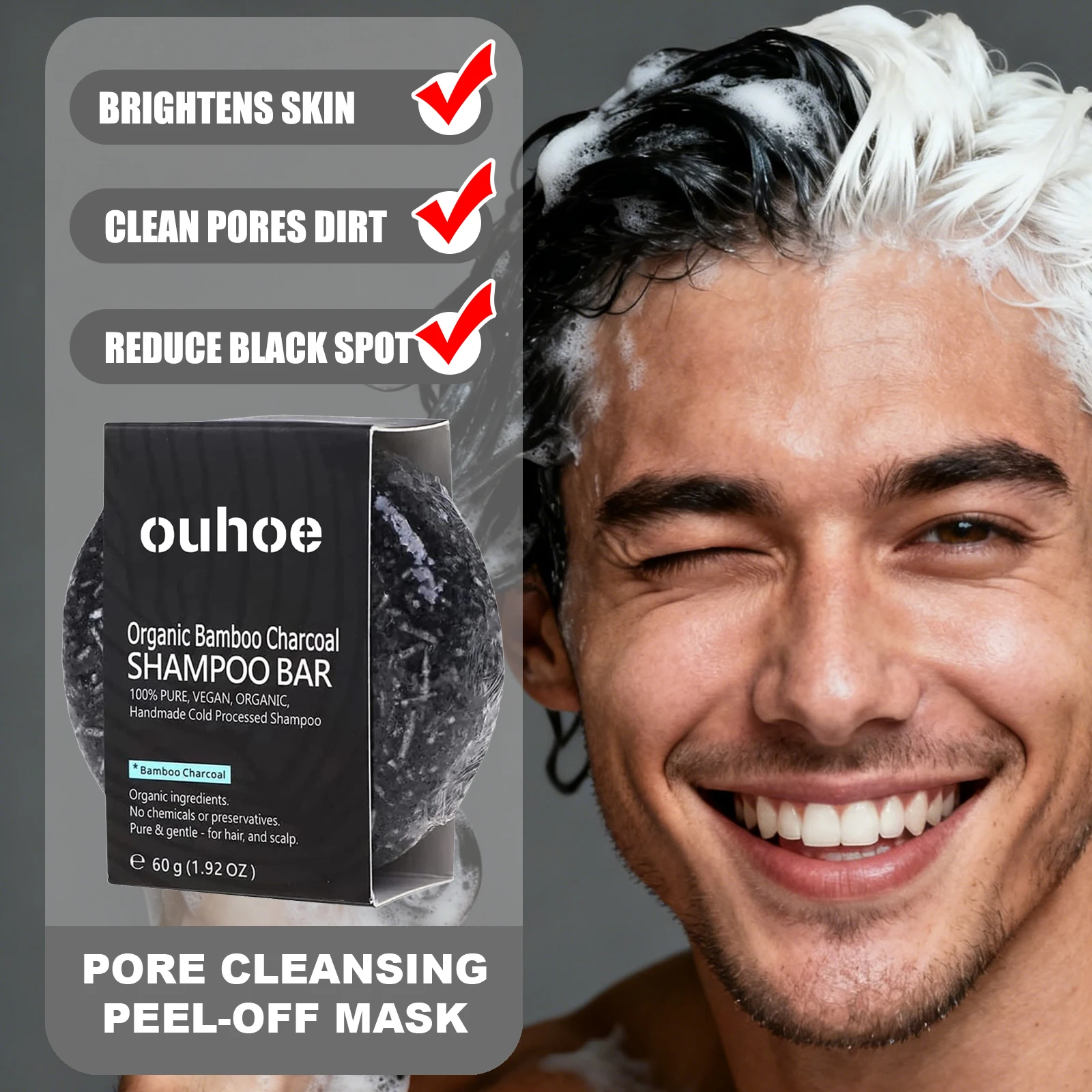 

OUHOE Bamboo Charcoal Shampoo Soap Reduce White Hair Make Black Hair Fuller Gentle Cleaning Nourish Scalp Strengthen Hair Roots