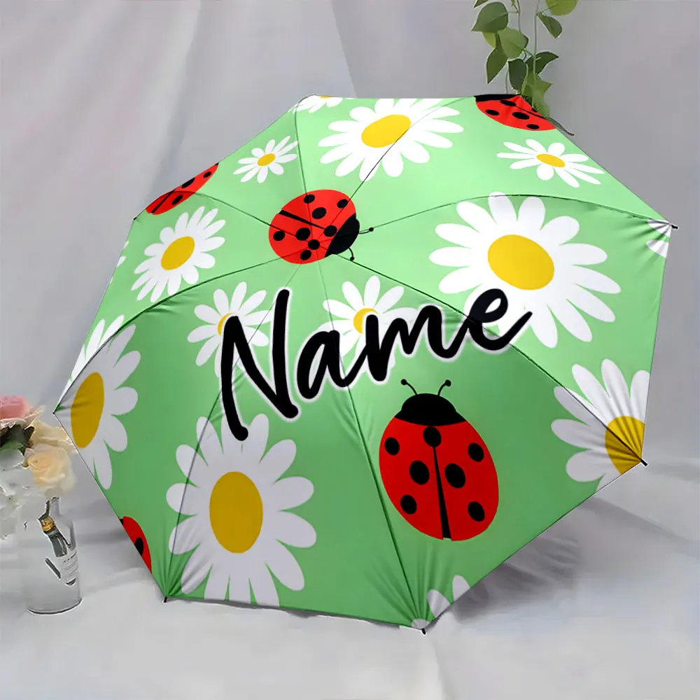 Custom Name Umbrella Colorful Ladybug and Daisy Design Umbrella Print 8 Iron Ribs Folding Umbrella Auto-Open Fashion Sunshade
