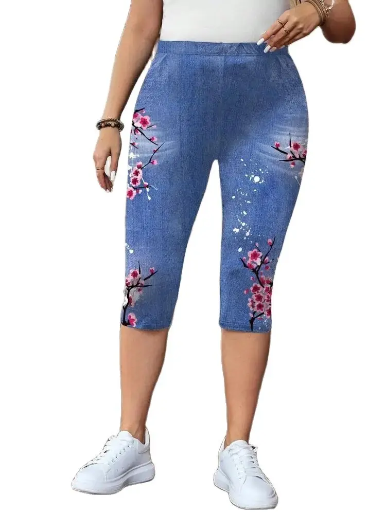 Anti-denim print elastic elastic waist slim-fit women\'s leggings casual skinny capri pants