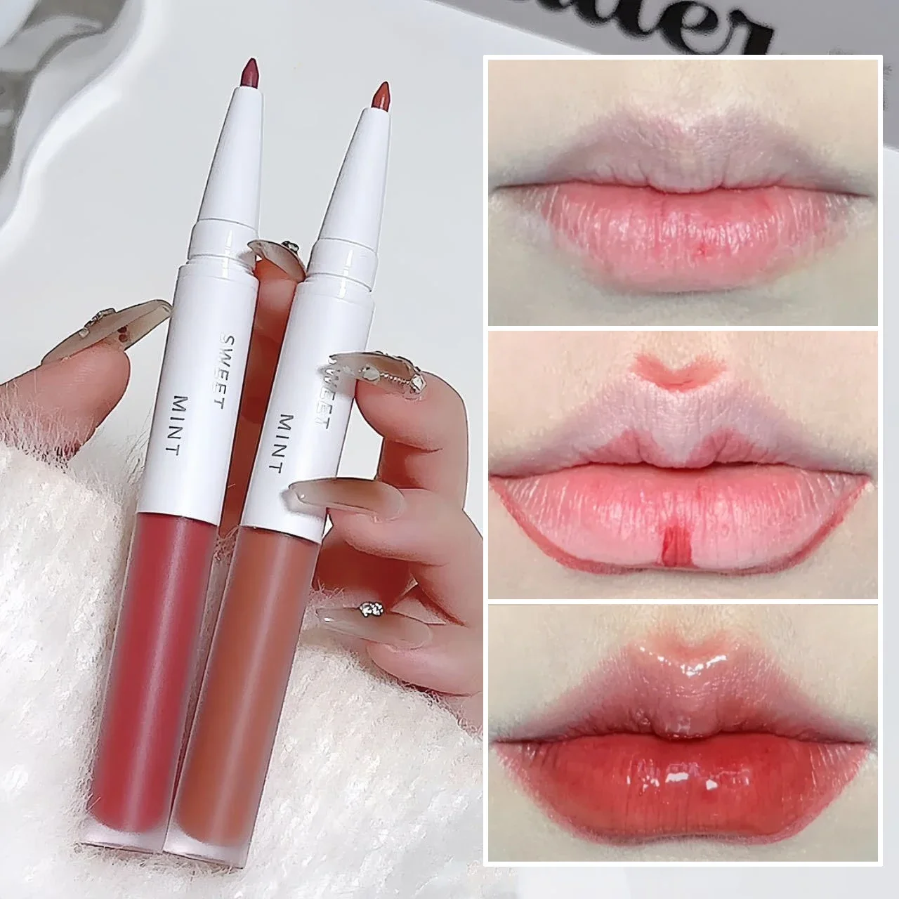 Lip Gloss Lip Liner 2 in 1 Double Ended Mirror Moisturising Liquid Lipstick Long Lasting Matte Smooth Lipliner Contouring Makeup