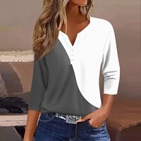 2024 Women Summer Casual T-shirts Fashion Patchwork Print Top Tees Streetwear 3/4 Sleeve Button V-Neck Basic Tops Plus Size