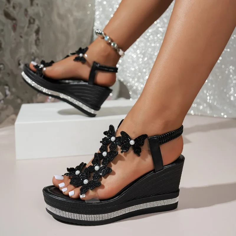 Butterfly Summer Heightened Wedge Non-Slip Soft Sole Sandals Women's Round Toe Sequin Non-Slip Fashion High Heels