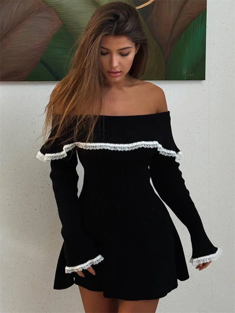 Tosy Knit Off-Shoulder Sweater gaun Mini wanita renda tambal sulam bergaris ramping Backless elegan gaun pesta pakaian rajut gaun Mini