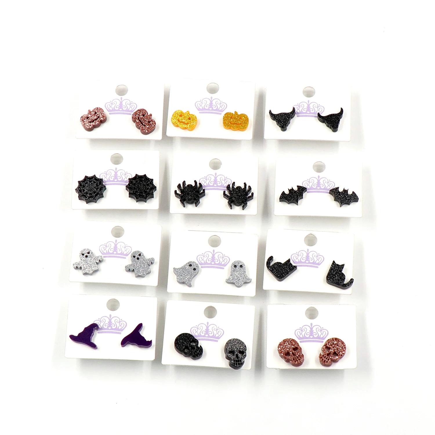 12/14mm Glitter Acryl Stud Ohrringe Schädel Spinne Kürbis Ghost Bat Katze Halloween Glitter Stud Ohrringe-ST-2