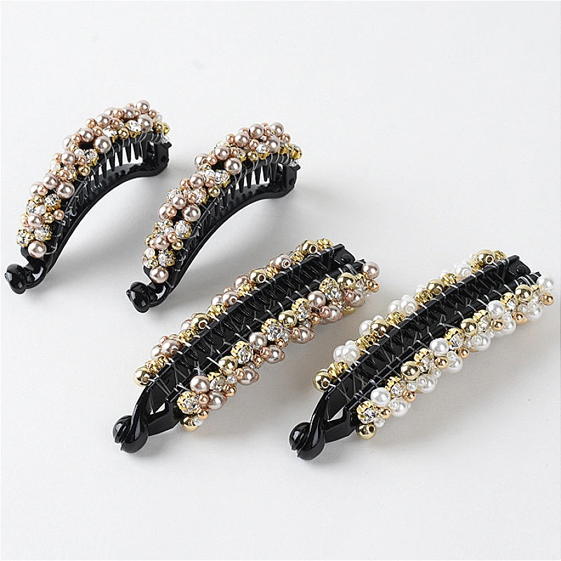 Korean Elegant Pearl Rhinestone Banana Vertical Hair Clip  and Non-Slip Accessories for Women Barette Cheveux Femme