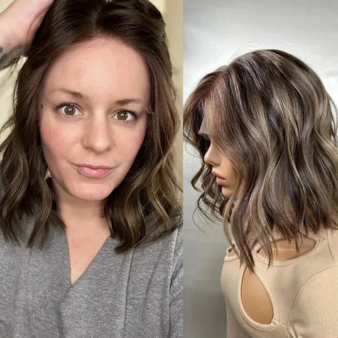 

Glueless Wigs Synthetic Hair Short Bob Water Wave 13*4 HD Transparent Lace Wigs For Women Dark Chestnut Brown Brunette Fibre