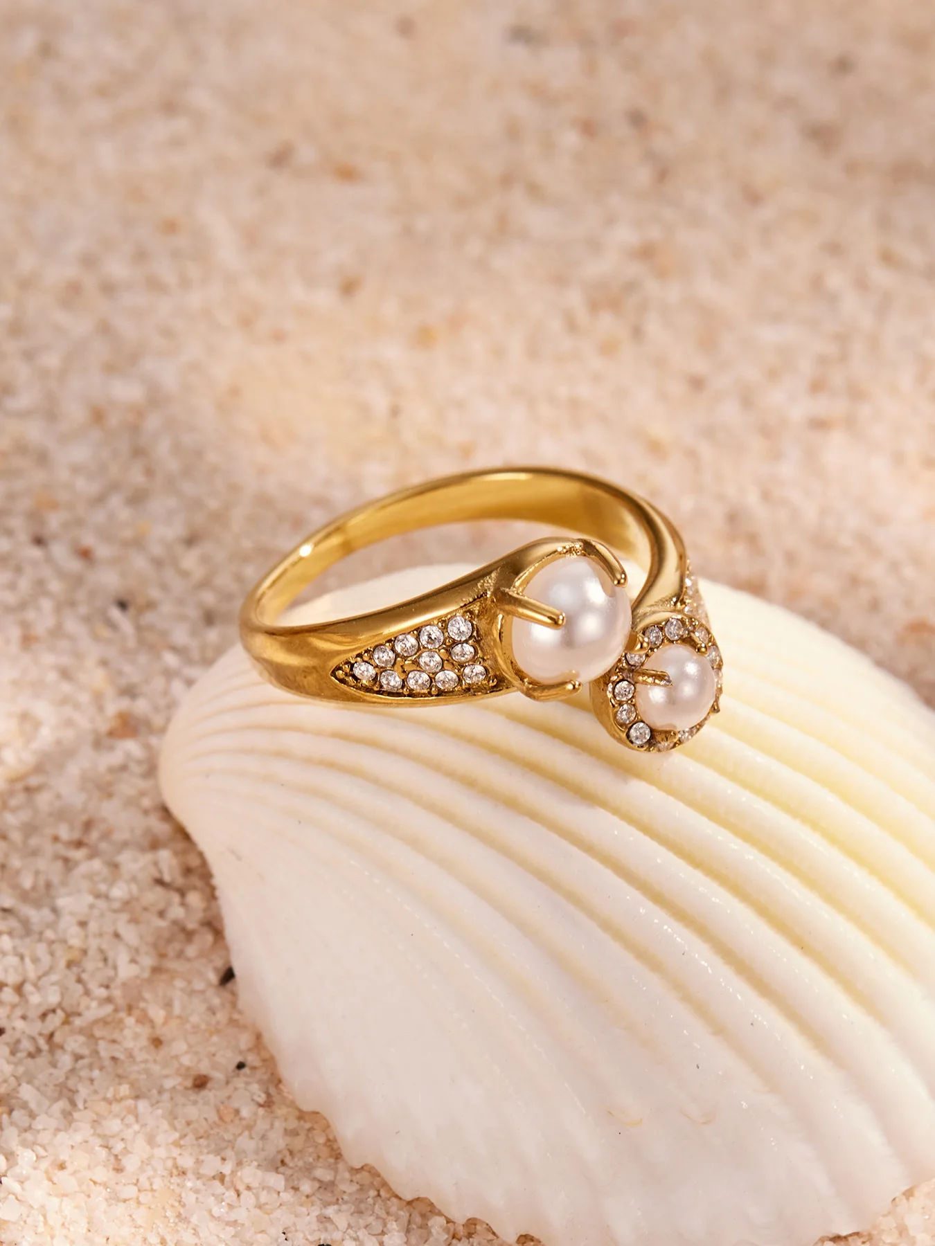 316L Edelstahlring, mehrlagig, mit Perlen und Zirkonia, tropfenförmig, offener Ring, 18 Karat vergoldet, schick, modern, zarter Schmuck für Damen – Detail 15