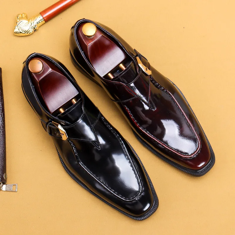 HNXC Monk Strap Shoes For Men Single Buckles Genuine Leather Basic Office Shoe Wedding Business Dress Mens Shoe Black Wine Red