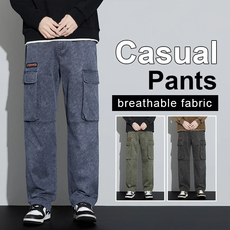 Men's Loose Outdoor Large Pocket Straight Wide Leg Cargo Pants 2025 High Quality Elastic Casual Long Pants Plus Size 5XL