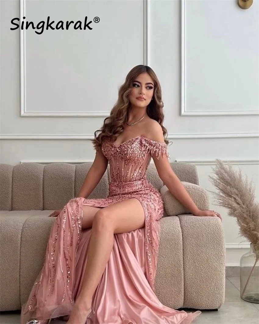 Vestido de noche de sirena con cristales y cuentas rosas de lujo para mujer, vestido Formal con abertura lateral brillante, vestido de cumpleaños personalizado 2024