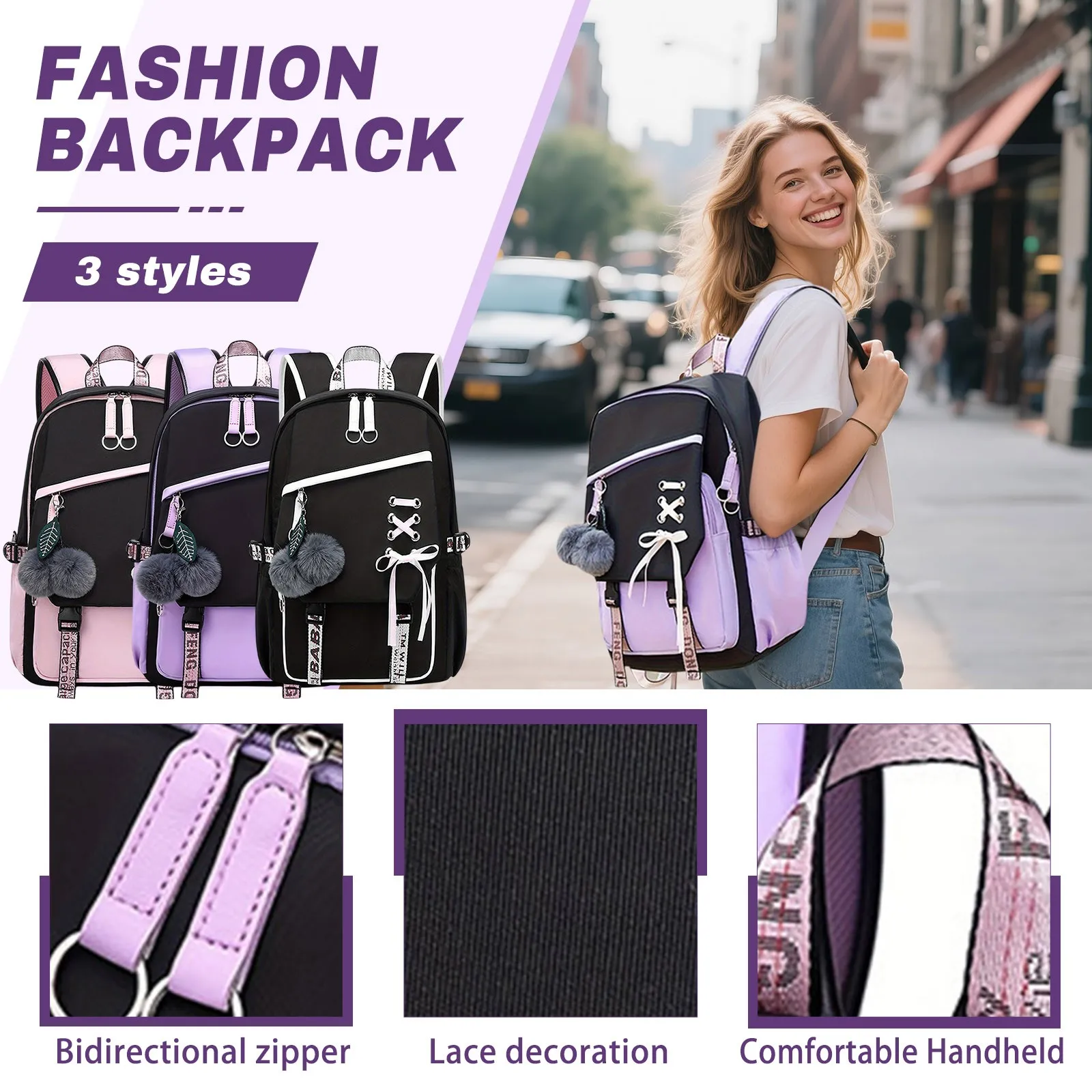 

Large Backpack for Teenage Girls,Fashion Schoolbag with Cute Plush Pendant,Nylon Fabric Waterproof Student Backpack School Bag