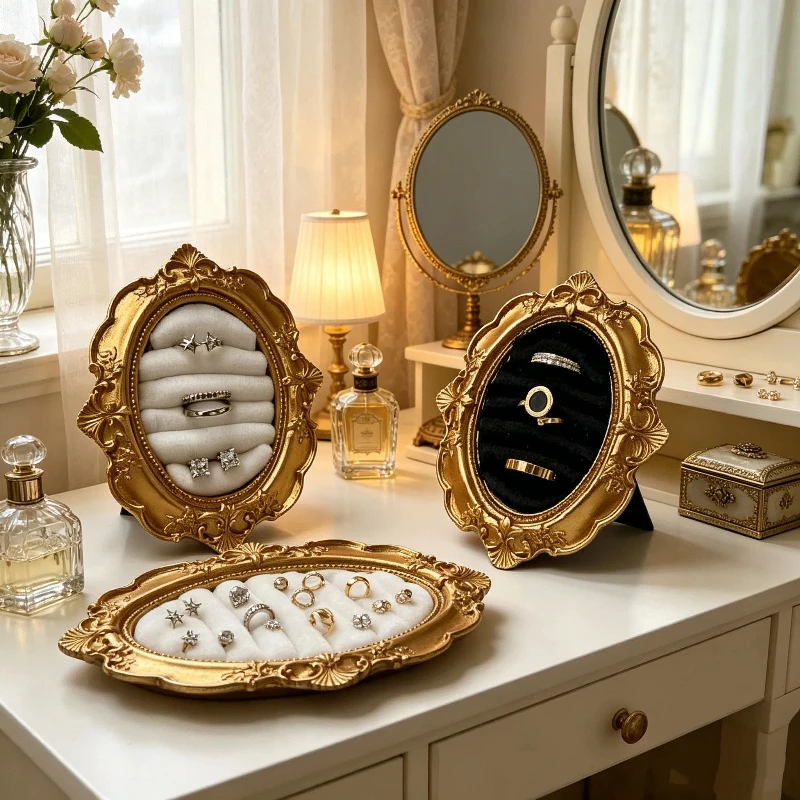 Vintage Baroque Gold Jewelry Display Stand Velvet Suede Ring Earring Tray Exquisite Jewelry Organizer Holder Rack