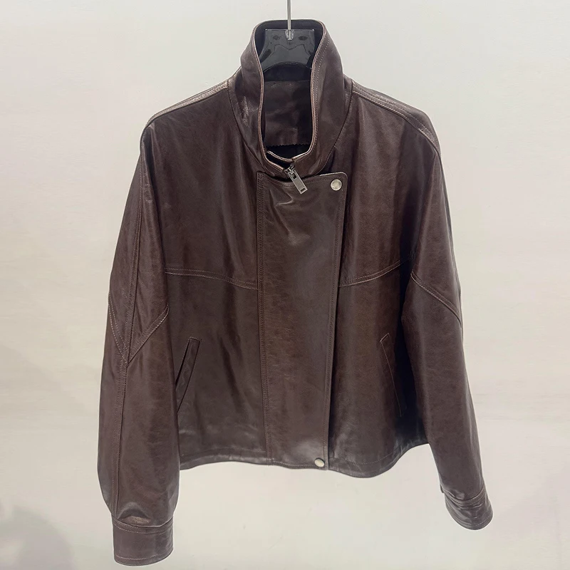 High Quality Sheepskin Women's Real Leather Jacket Vintage Oil Wax Distressing Female Lapel Motorcycle Leather Jacket Loose Coat