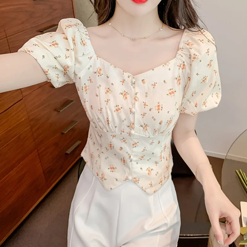 

Women's Summer V-Neck Pullover Button Flower Printed Shivering Short Sleeve T-shirt Casual Fashion Elegant Office Lady Tops