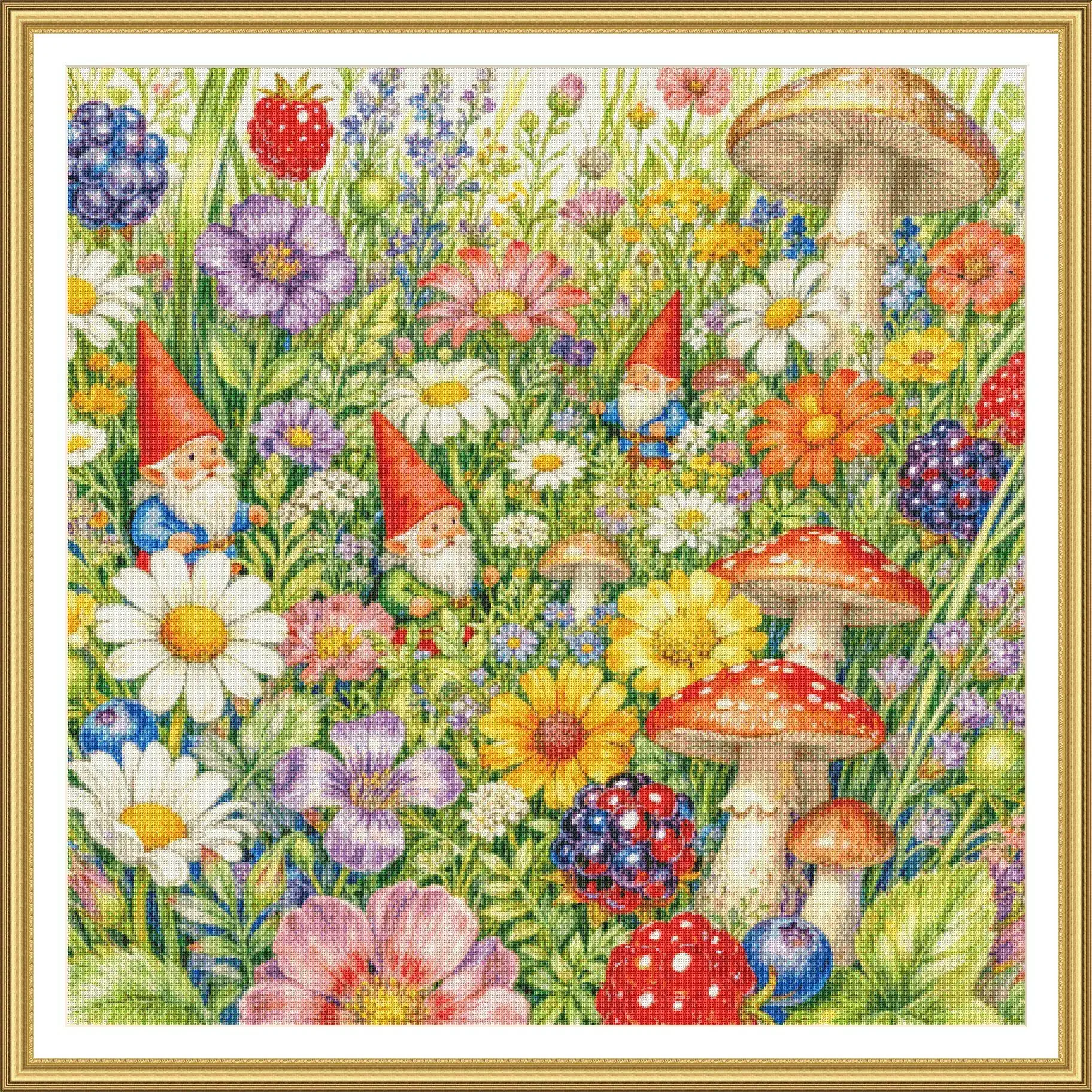 [ZZ8314-Dwarfs in Fresh Flowers] Stamped Cross Stitch Kit 11/14/16/18CT Printed Canvas Cotton Thread Embroidery Craft Wall Decor