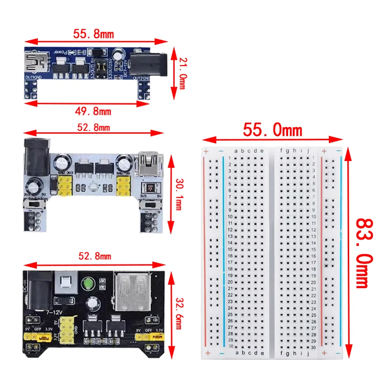 3.3V/5V MB102 Breadboard power module+ 400 points Solderless Prototype Bread board kit +65 Flexible jumper wires