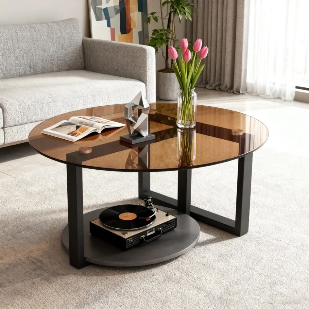 

Mid Century Round Coffee Table Amber-Tinted Glass Accent Center Table w/ Storage