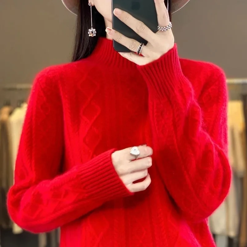 2024 New Women Autumn Winter Sweater Thick 100% Merino Wool Turtleneck Casual Cashmere Knitwaer Pullover Korean Fashion Tops