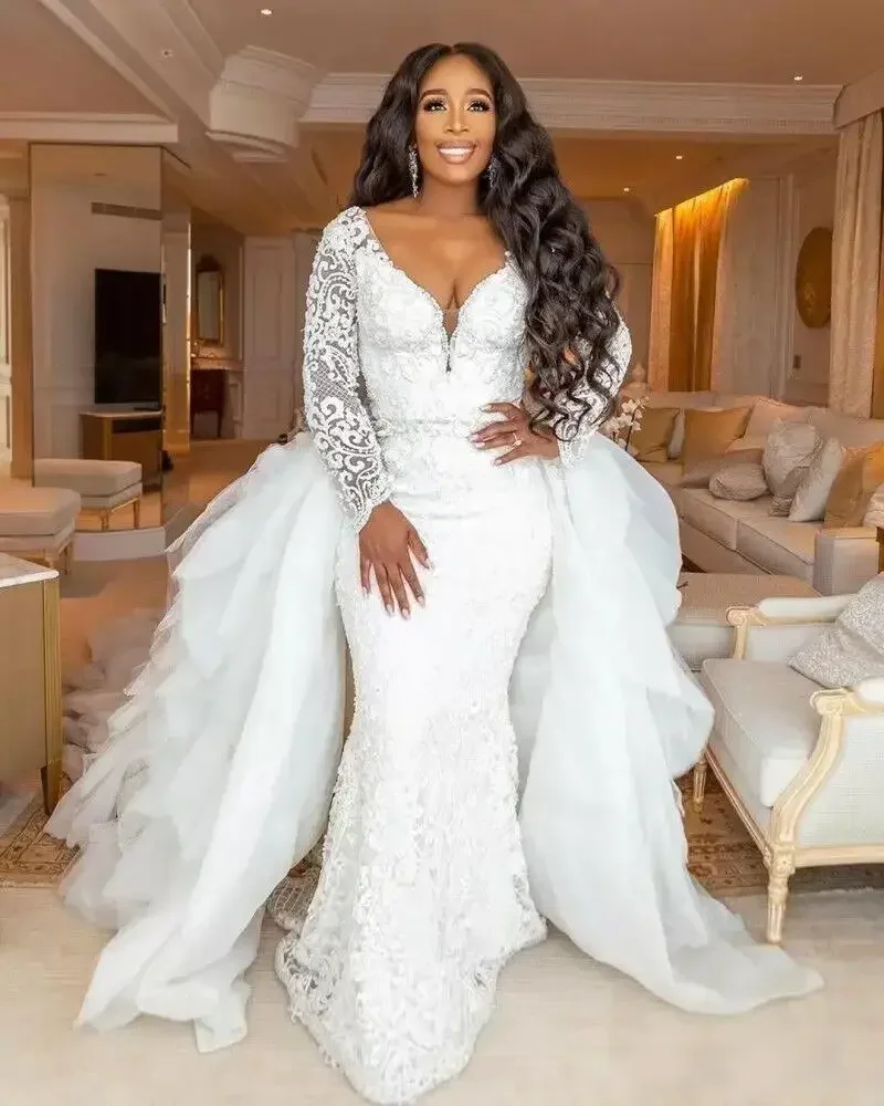 Customized African Mermaid Wedding Dresses Long Sleeve Plus Size Dress Bridal Gown Custom Made For Bride