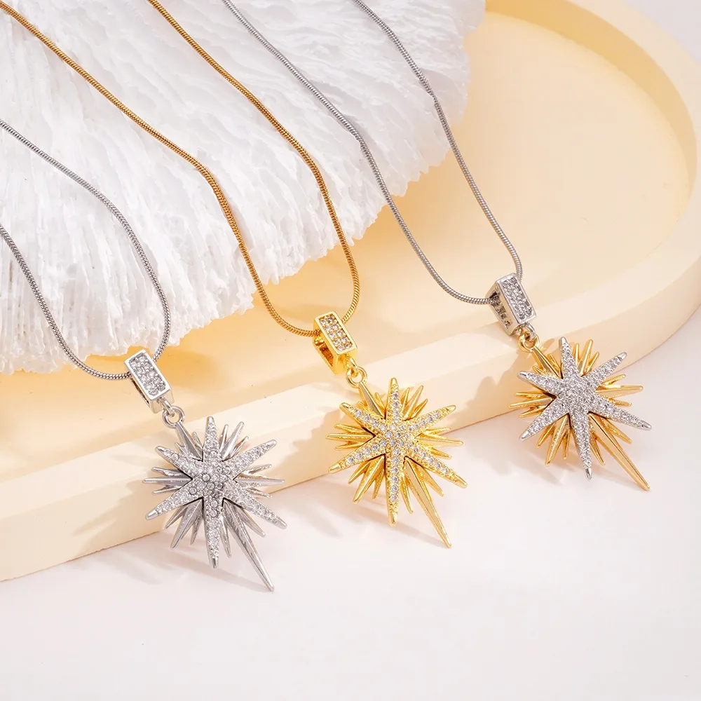Fashion Temperament Stainless Steel Inlay Zircon Shiny Octagonal Star Pendant Necklace for Women Exquisite Charm Jewelry Gifts