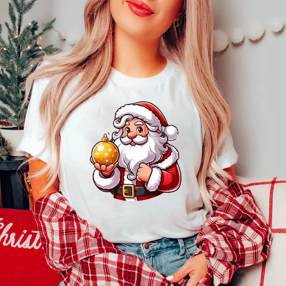 Merry Christmas Santa Claus Shirt Cute Christmas T-shirt Women's Xmas Short Sleeve Shirts Holiday Clothes Tops