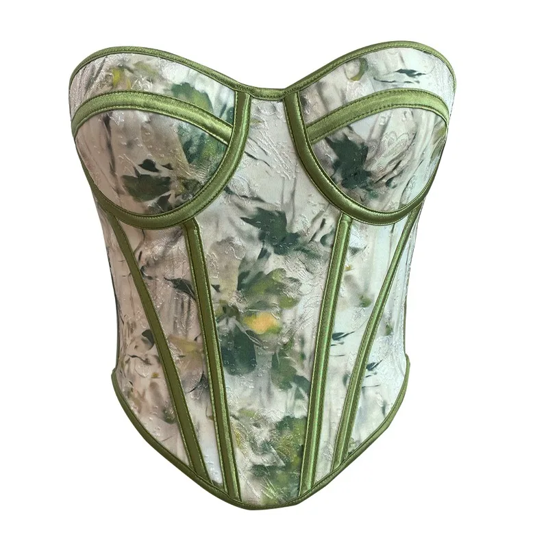 

Vintage Green Floral Corset Top Strapless Bustier Boned Crop Top Women Backless Party Streetwear