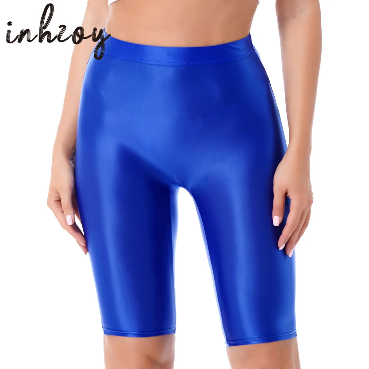 Women Glossy Fitness Shorts Sexy High Waist Workout Cheer Booty Dance Shorts Oil Shiny Knee-Length Tights Pole Dancing Clubwear