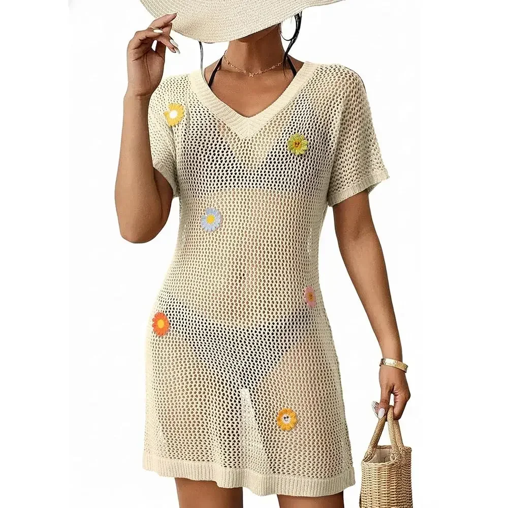 

Пляжное платье-накидка для женщин 2026: с V-образным вырезом, коротким рукавом, цветочным узором, вязаное крючком, для отпуска