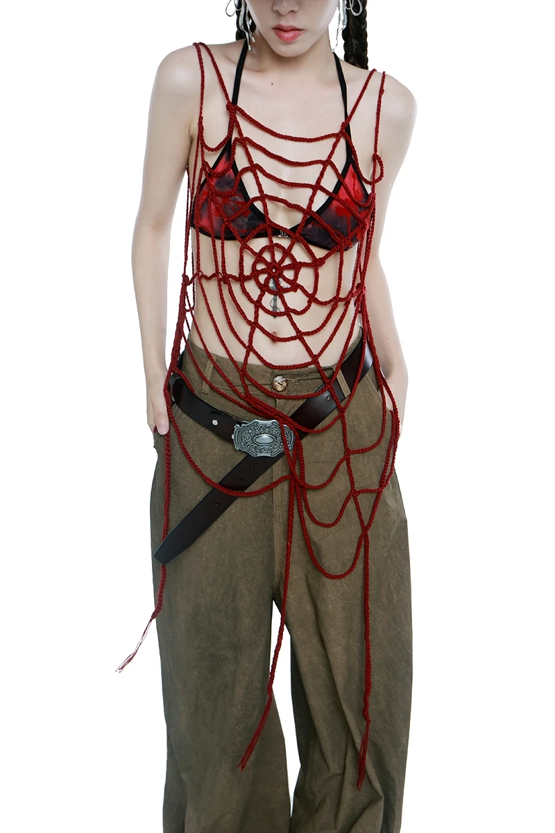 Gothic Hand-woven Cobweb Camis Women Tassels Long Overlapping Vest Red Black Punk Goth Holes Knitted Pullover Vest Femme