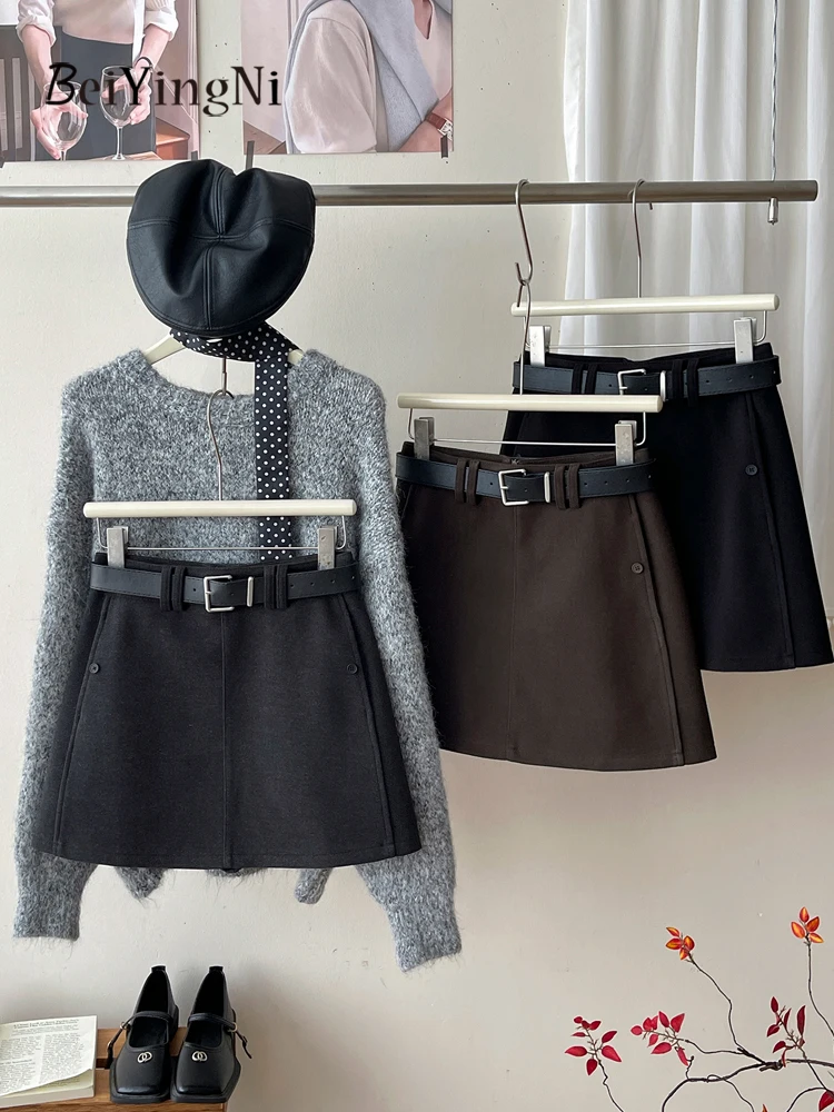 

Beiyingni 2025 Korean Chic Women's Short A-line Skirt Belted Vintage Casual High Waisted Suit Skirts Ladies Retro French Faldas