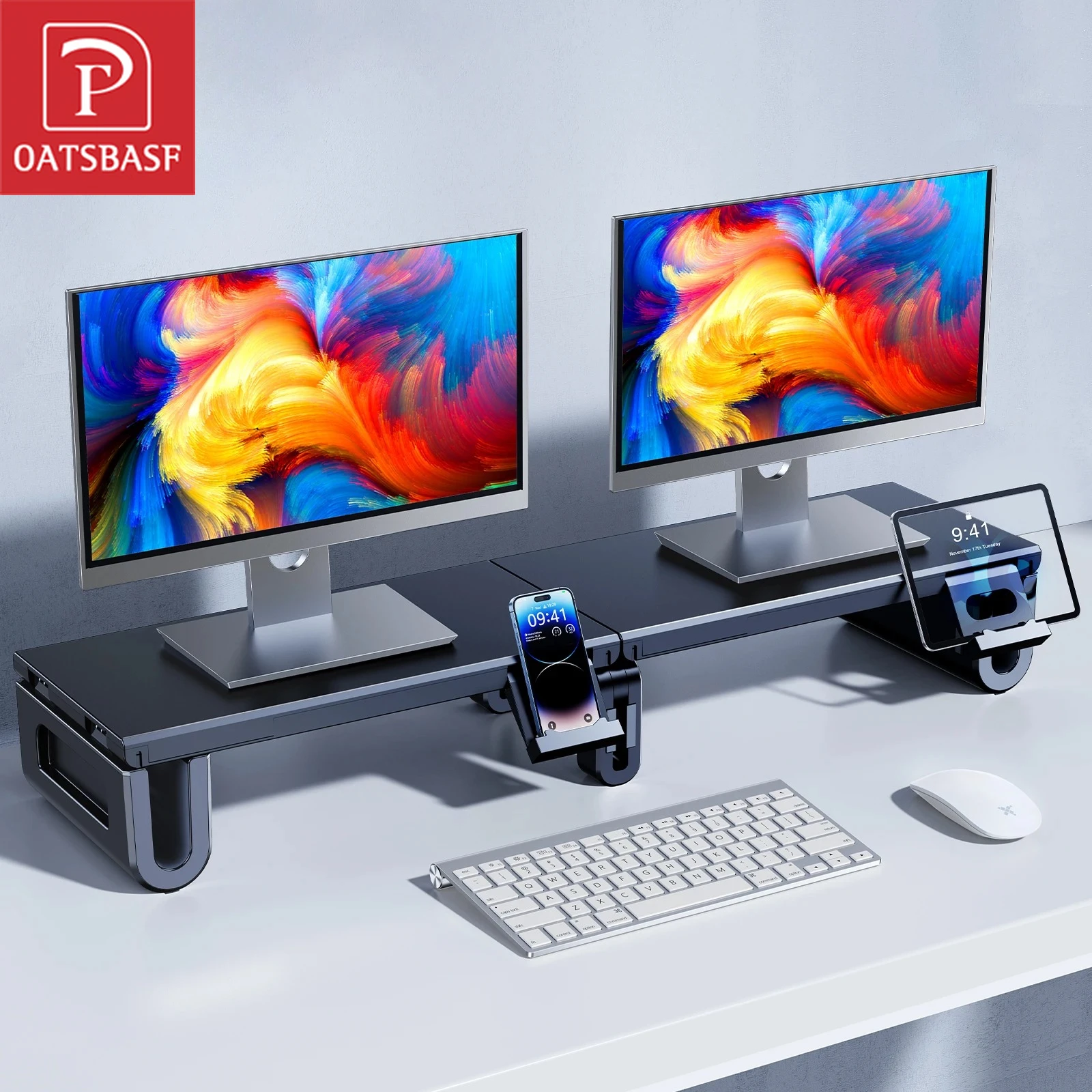 Oatsbasf Dual Monitor Stand Riser Height Adjustable Laptop Desktop Organizer Stand with Phone Tablet Holder For Computer Laptop