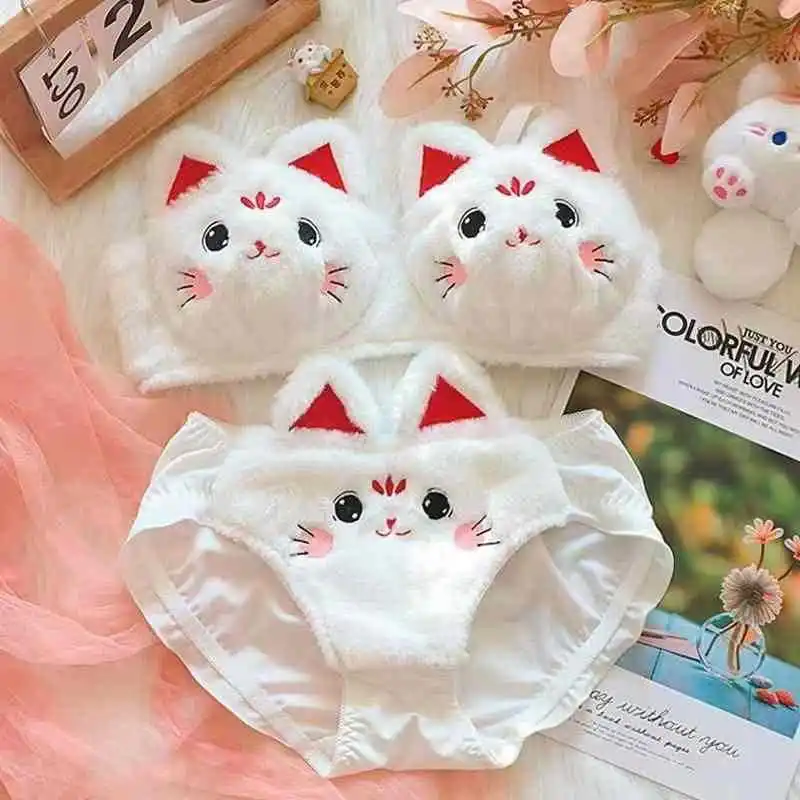 Japanese cute girl plush underwear Autumn and winter Japanese bra without underwire set warm