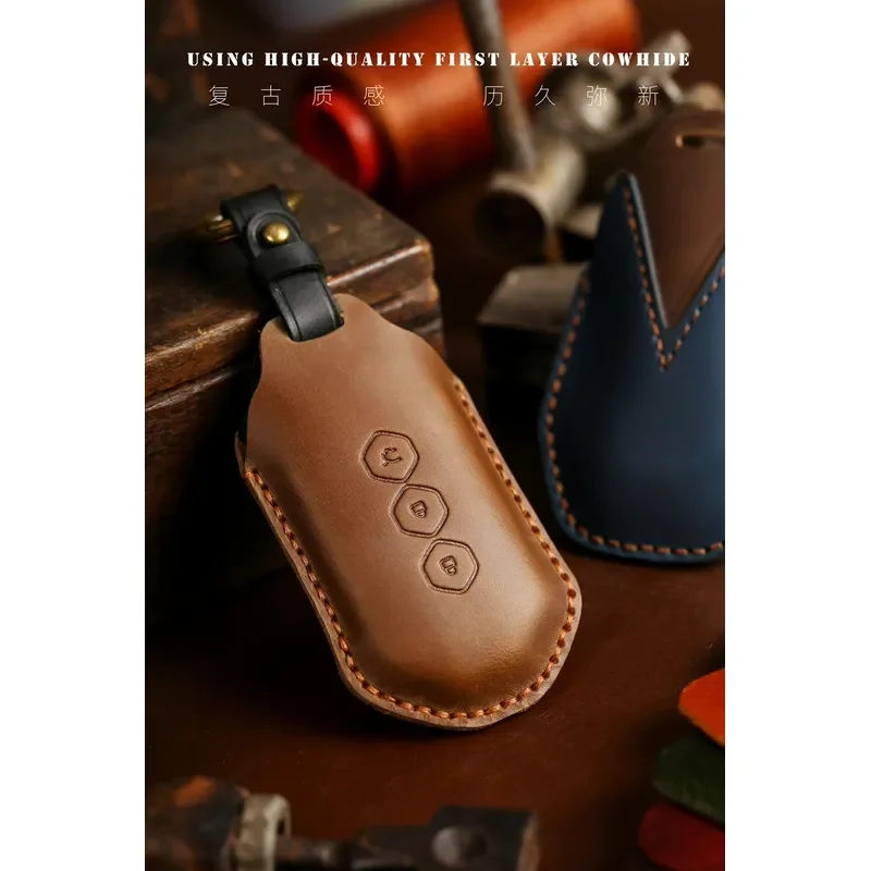 for Wuling Capgemini Key Case Genuine Leather 2023 Car Key Cover for 2 Button Remote Control Fob Shell Protective Buckle Case
