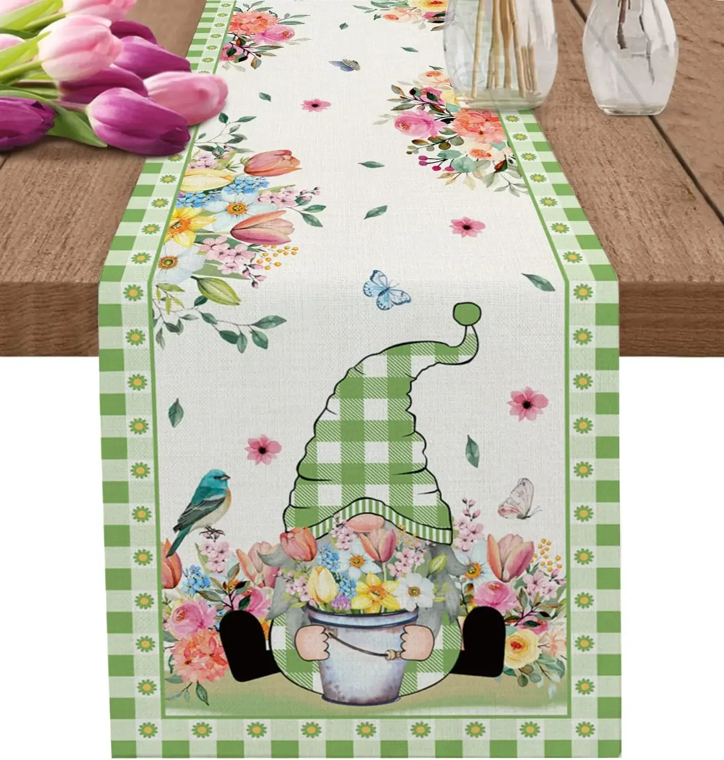 Spring Gnomes Tulip Green Plaid Linen Table Runners Dress Scarves Table Decor Farmhouse Dining Table Runners Wedding Decorations