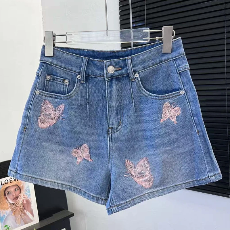 

Spring Summer 2026 High Waist Wide Leg Denim Shorts Women's Hot Pants Embroidered Design Princess Green Brand