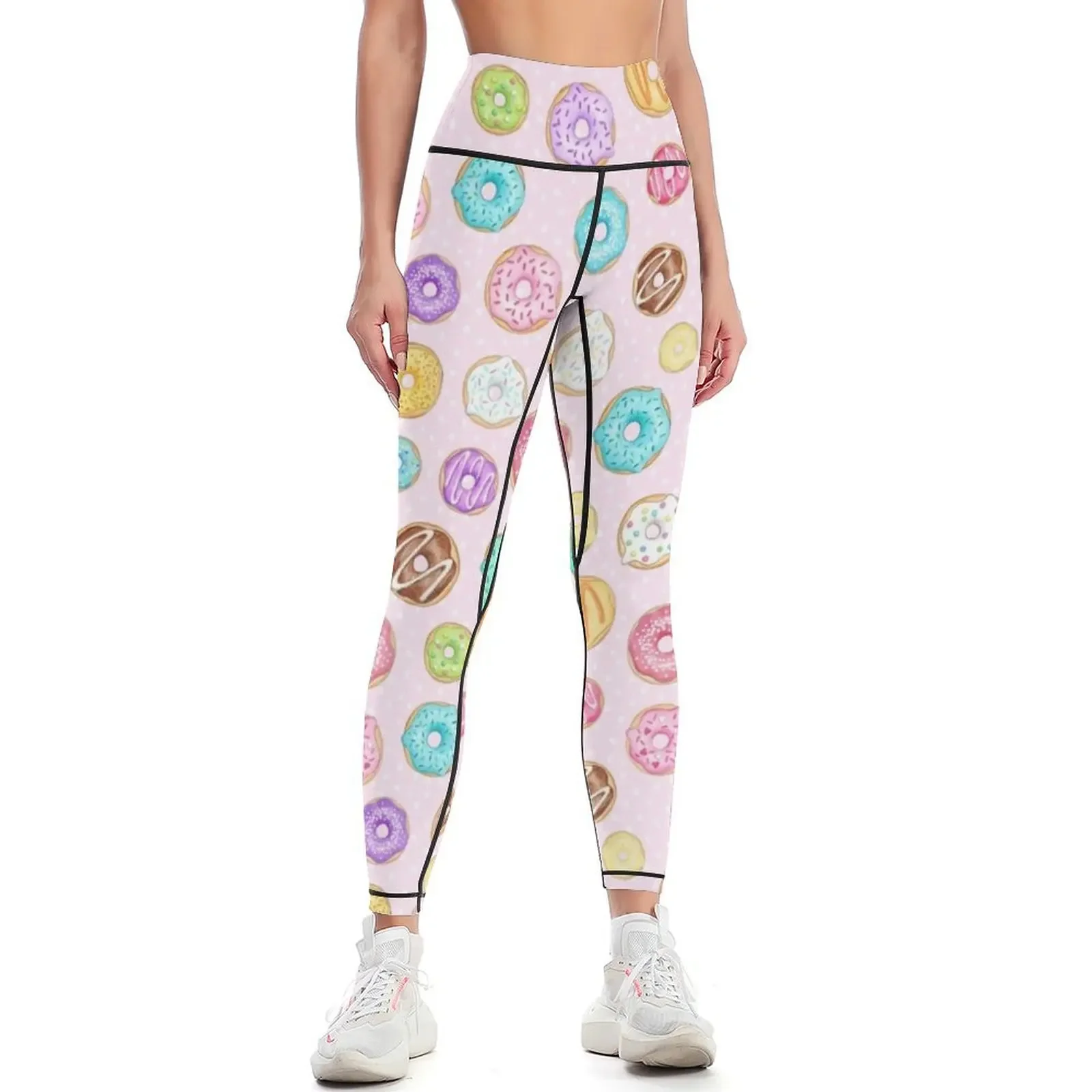 

Scattered Rainbow Donut on pale spotty pink - repeat pattern Leggings active wear sporty woman gym Womens Leggings
