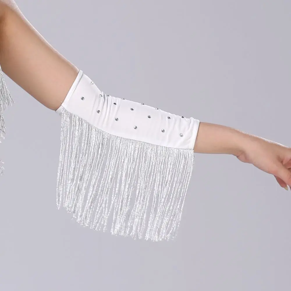 Performance Stage Latin Dance Fringed Sleeves Drilling Rhinestone Flash Fringe Tassel Gloves Latin Dance Costumes Solid Color