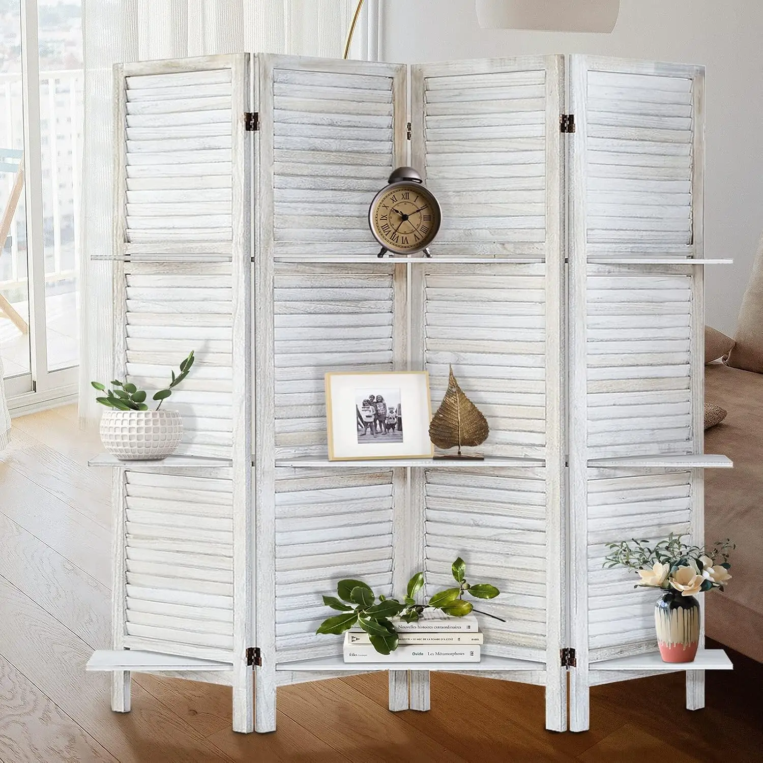 Distressed White 4 Panel Room Divider Shelf Folding Privacy Screen Temporary Wall Separator Space Separation, Customized