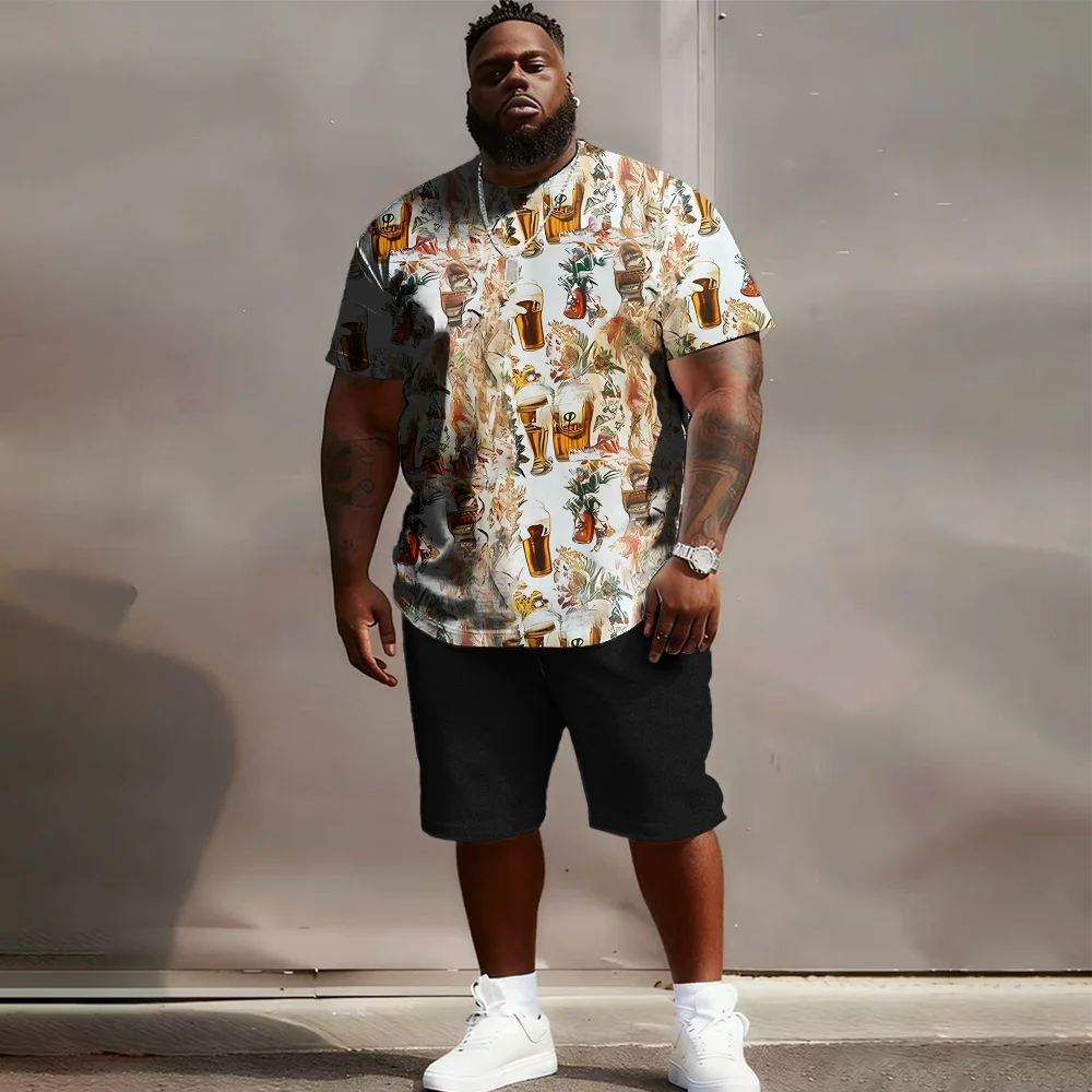 

S-9xl plus size Men's Short Sleeve Set: Beer-Vibe Chic - 2-Piece Big & Tall Fit, Soft Fabric, Sleek Beer Mug Prints