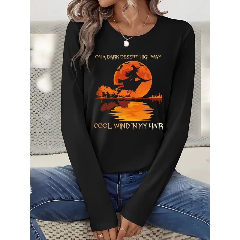 Women's Halloween pattern long sleeve T-shirt, casual round neck top, fashionable Halloween women's tops.