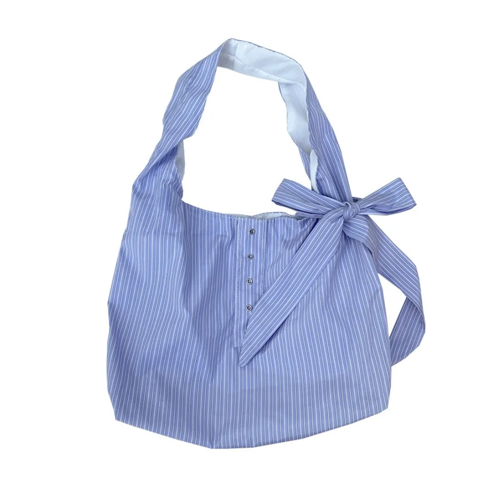 

Bow Striped Canvas Tote Bag Blue Literary Style Canvas Hobo Bag Fresh Color Casual Large Capacity Underarm Bag Outdoor