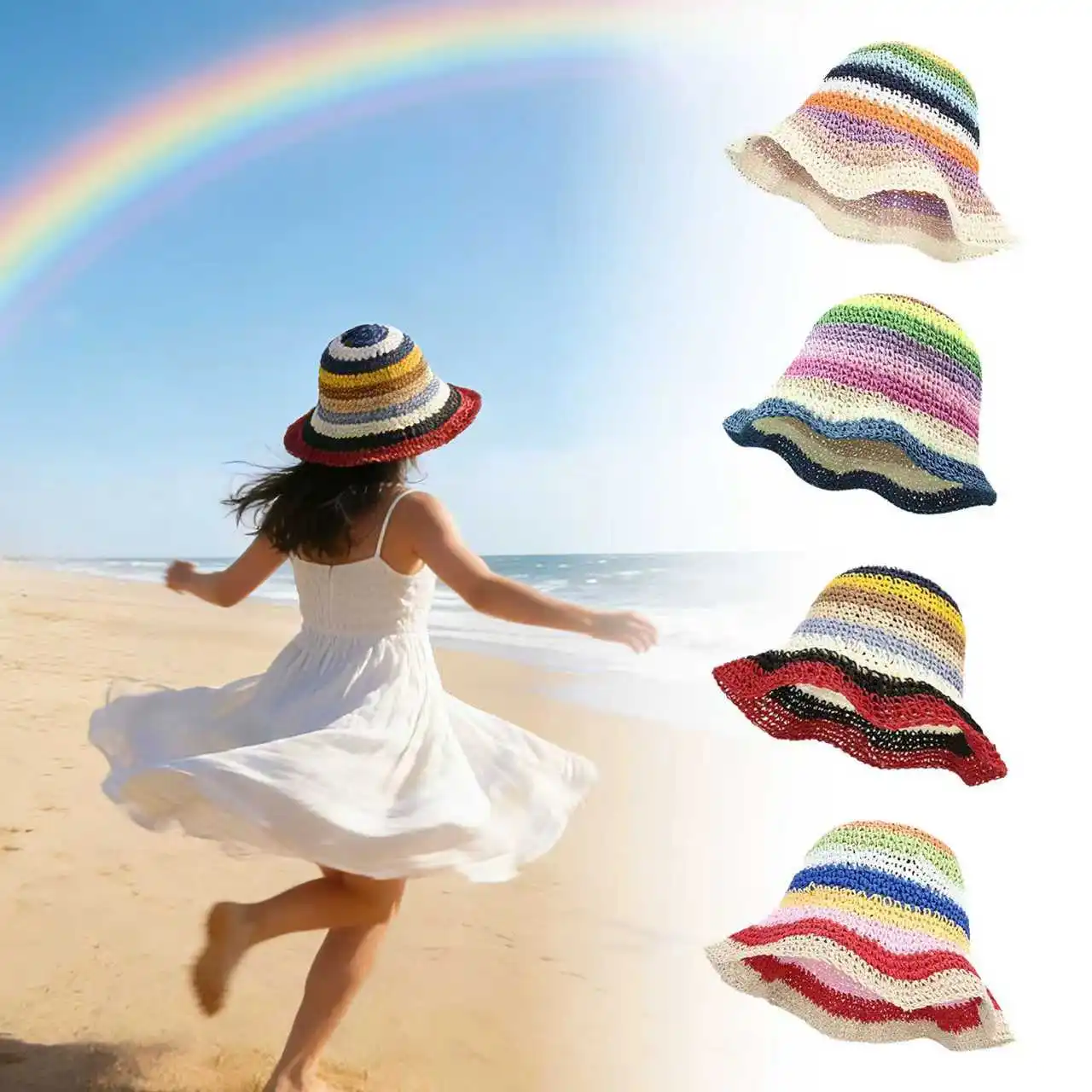 

Oil Painting World Series Colored Straw Fisherman's Hat / Color-Blocked Sun Protection Breathable Wide-Brim Vacation Hat