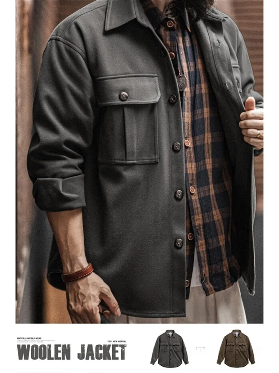 

Maden Men's Woolen irt Jaet Loose Lapel Heavyweight Autumn Winter Faion Casual Wear Polyester Fiber Long Sve Single ...