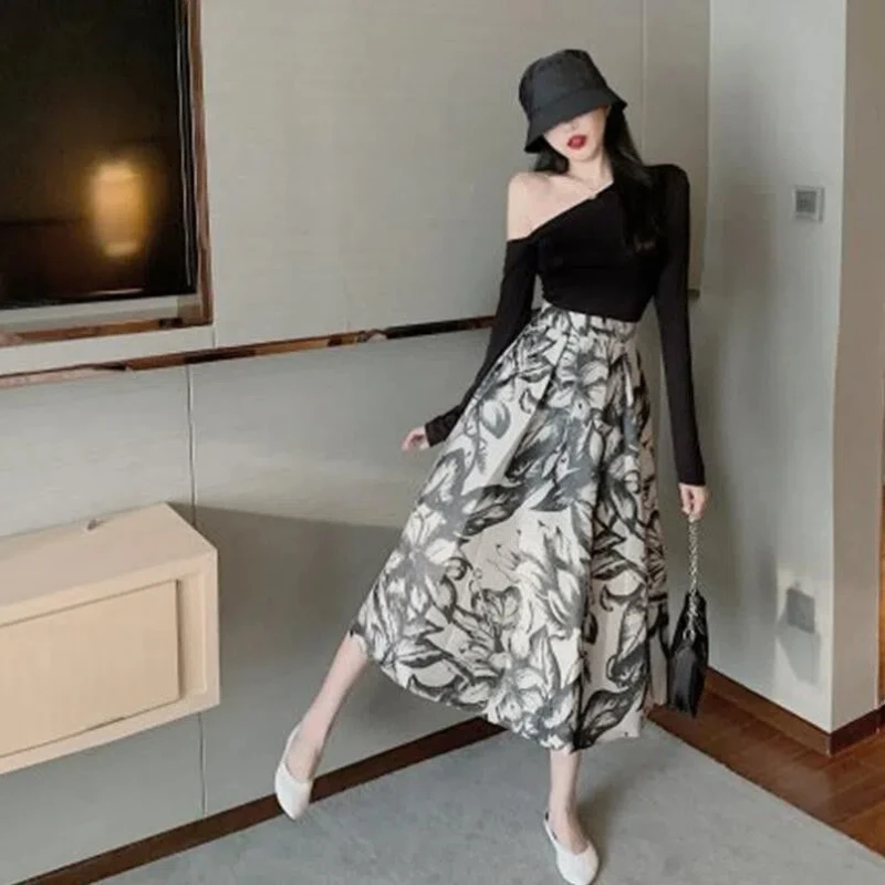 Vintage and Versatile Over the Knee Mid Length High Waist Slim Fluffy A-line Large Swing Printed Half Body Skirt Women Spring