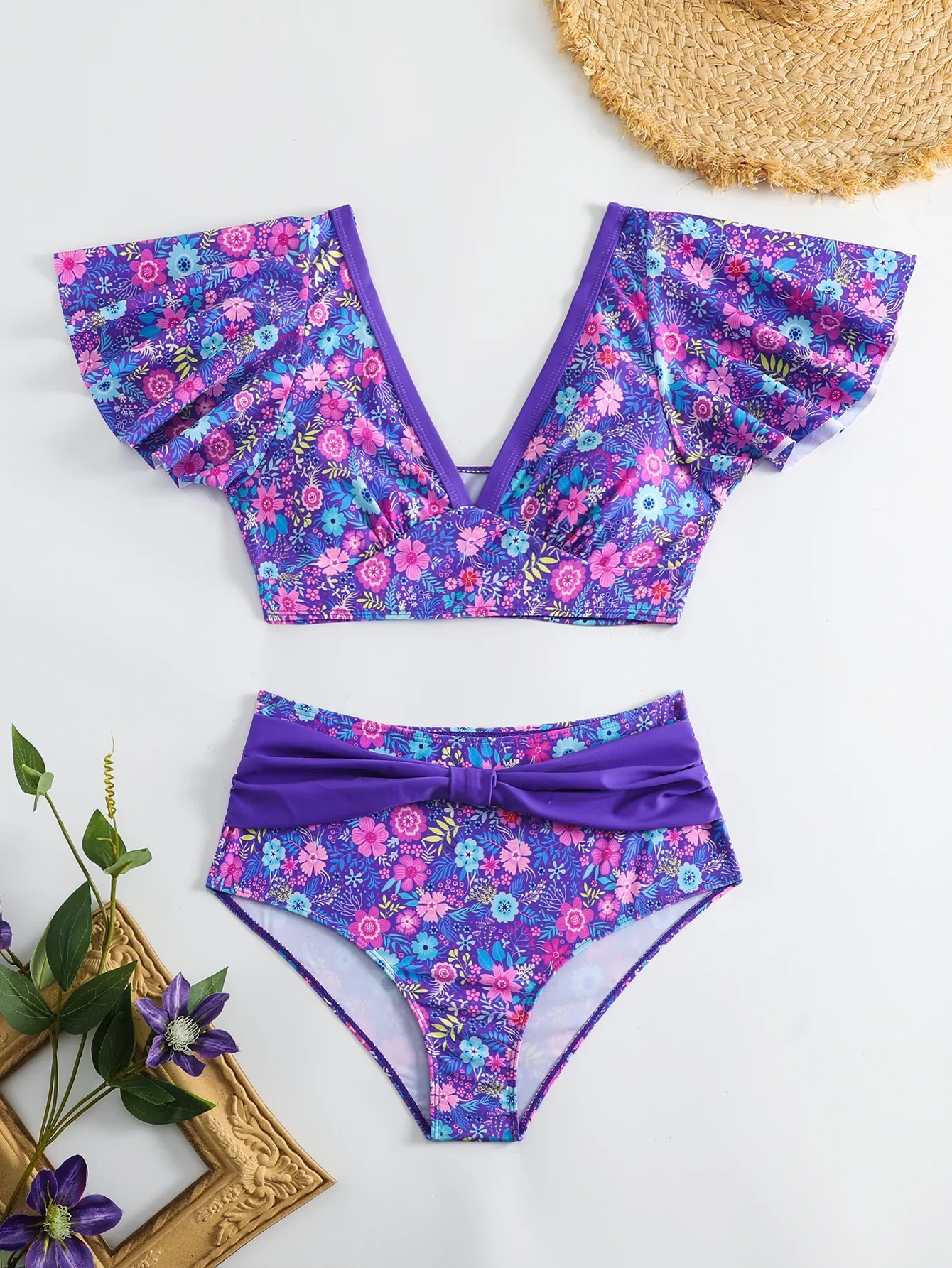 

Винтажный комплект бикини для женщин, купальный костюм с высокой талией, рюшами и v-образным вырезом, купальник из двух предметов, купальник с цветочным принтом, фиолетовая пляжная одежда