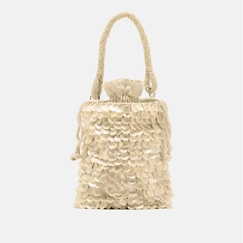 

Designer Women's Bag Pearlescent Inlay Bucket Crossbody Bag Shell Beaded Handbag Sequin Wooden Handle Tote Exquisite Purse