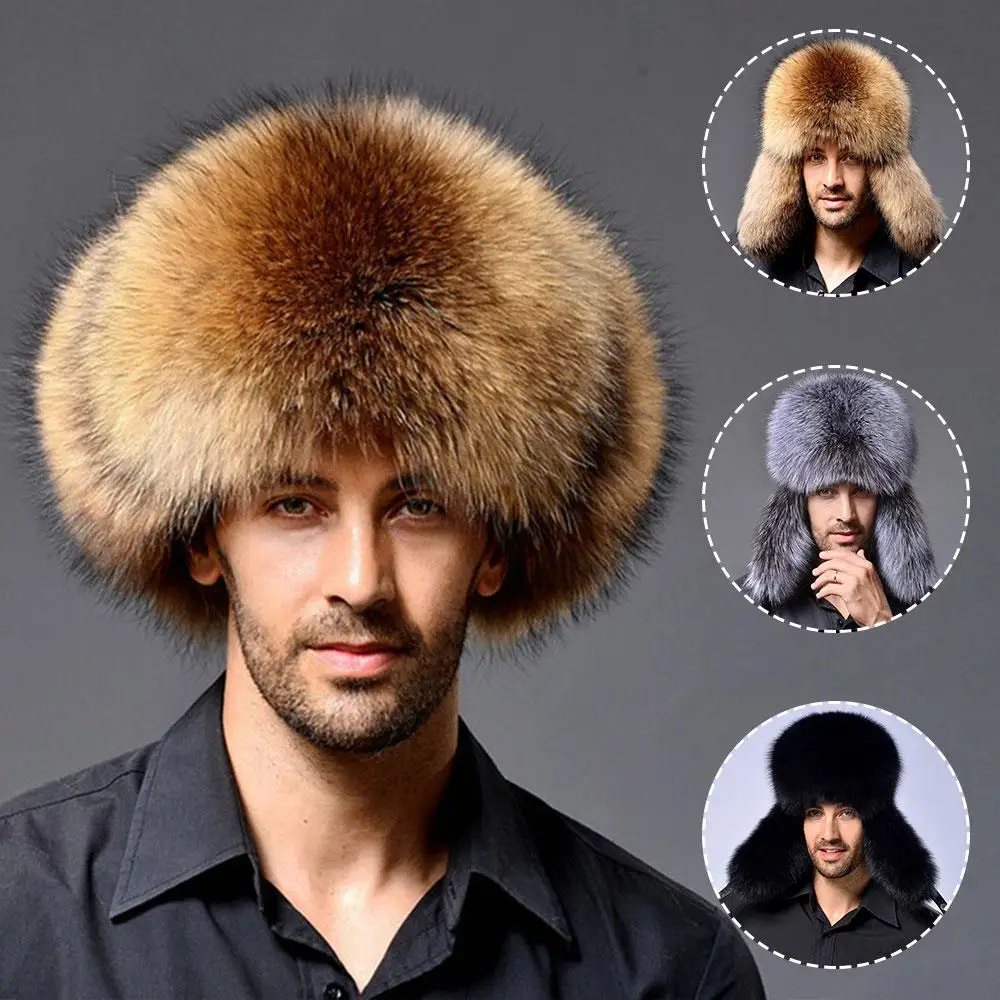 الشتاء الدفء تقليد الفراء القبعات النساء الرجال الراقية الدافئة الأسود الثعلب الفراء الطبيعي الراكون الفراء قبعة يندبروف الروسية Ushanka القبعات #4