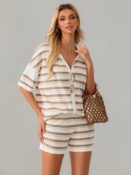 wsevypo Beach Style Striped 2Piece Cutout Knit Sets Summer Fall Lounge Streetwear Women's Short Sleeve Lapel Neck Shirts+Shorts