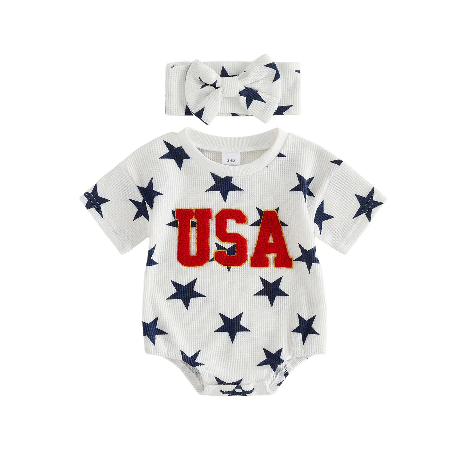 

Наряд для новорожденной девочки: боди с короткими рукавами, звездами и буквами, с повязкой на голову, одежда на 4 июля